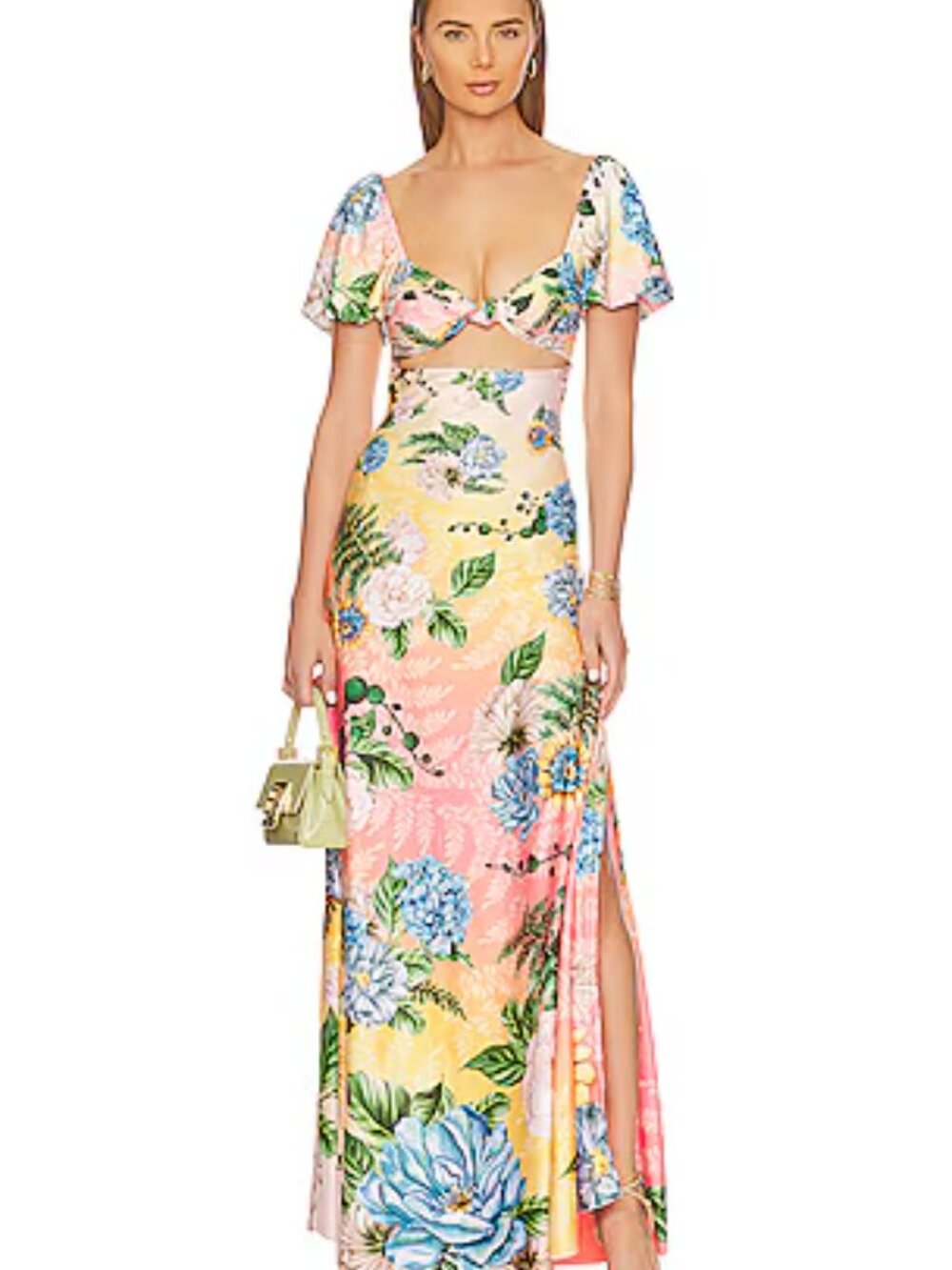 Agua Bendita Peach, Yellow and Blue Floral Tie-Front Maxi Dress